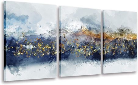 Abstract Wall Art for Living Room Navy Blue and Gold Mountain Abstract Watercolor Pictures for Bedroom Bathroom Wall Decor 3 Piece